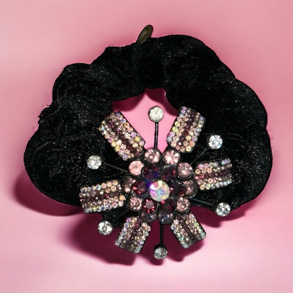 Rhinestone Pink and Purple Flower Sparkle Velvet Hair Scrunchie